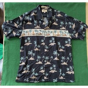 Black Hawaiian Palm Print Tropical Aloha Wear Camp Shirt Campia Moda Men's Large